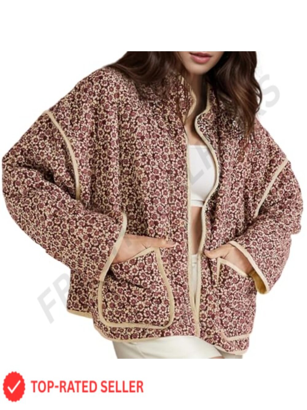 Womens Quilted Jacket Floral Print Puffer Open Front Lightweight Cropped Coat